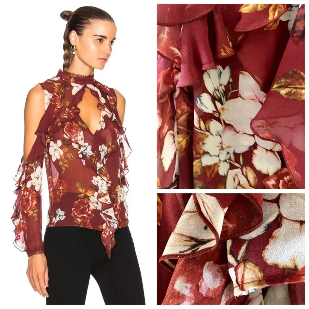 NICHOLAS Celeste Cold Shoulder Silk Blouse Top, Ruffle Floral sz. 2 - Picture 7 of 17